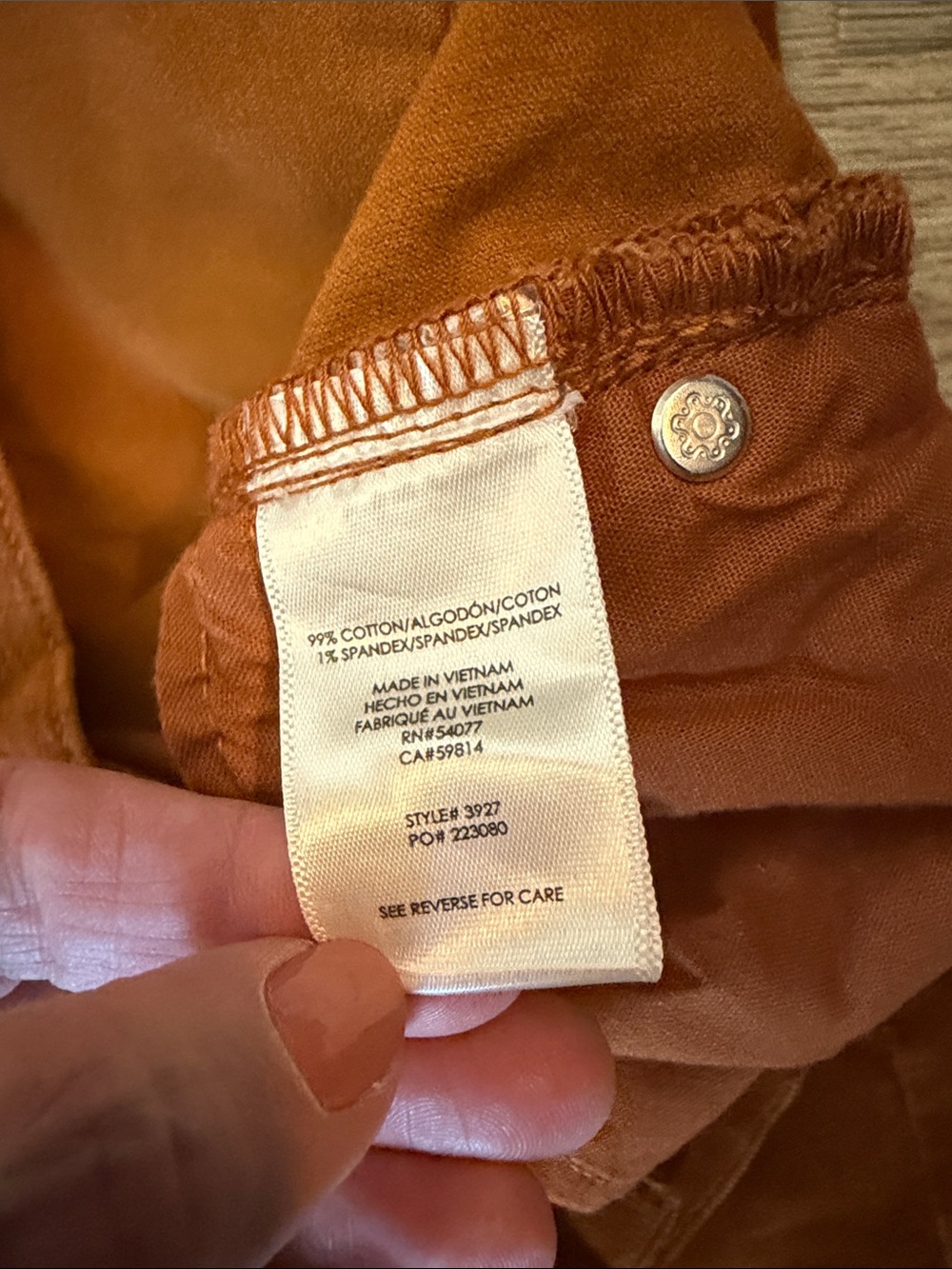 CAbi #3927 Rust Orange Corduroy Button-Front Women’s Jeans - Picture 7 of 7